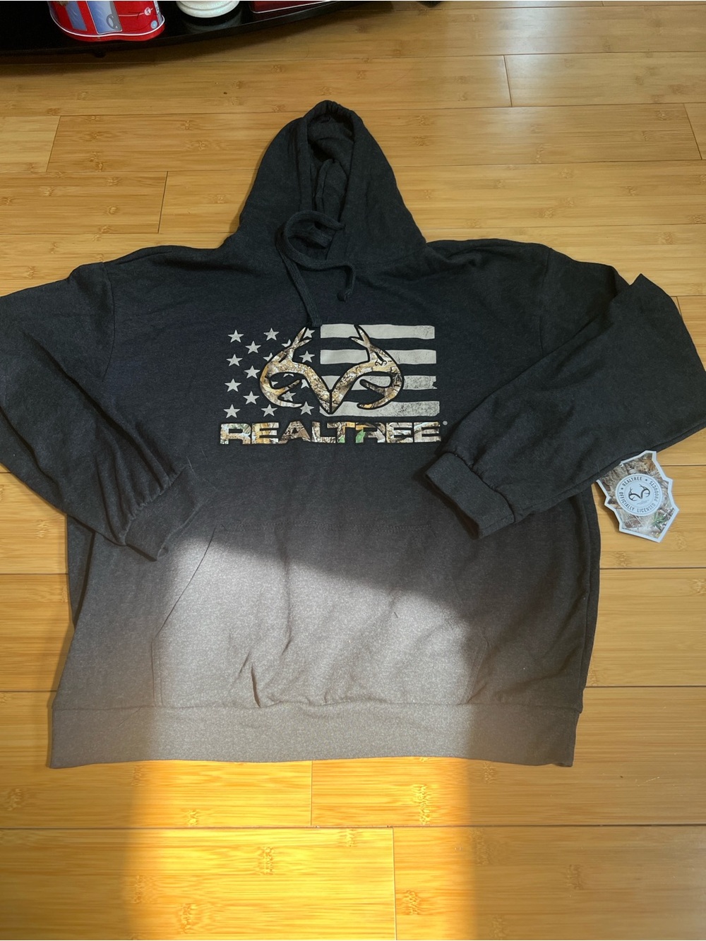 Realtree Mens New Edge Hoodie Charcoal Grey US Flag Antler Sweatshirt Medium M